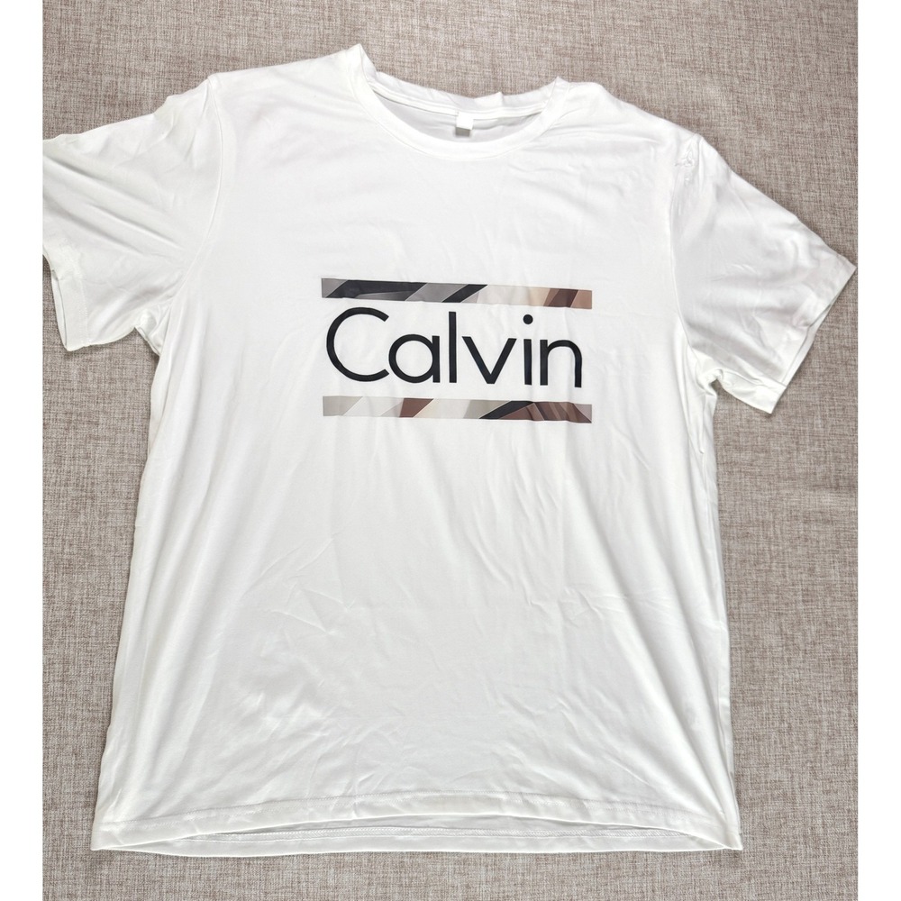 Calvin White Graphic Logo T-Shirt Mens XL Short Sleeve Polyester Crewneck Tee - Picture 1 of 7